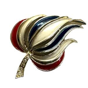 Patriotic Red White and Blue Rhinestone Vintage 60s Leaf Brooch